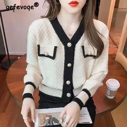 Women Korean Style Contrast Color Sweet Kawaii Chic Button Knitted Cardigan Casual V Neck Long Sleeve Loose Elegant Sweater Coat