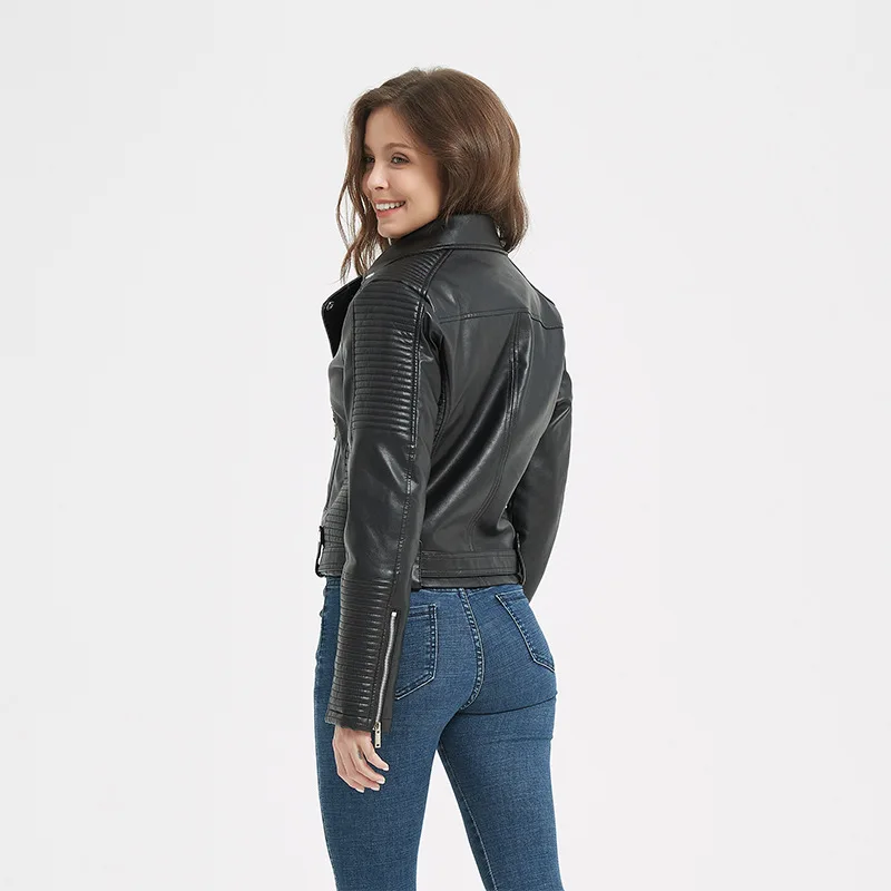 Czarna kurtka PU damska na jesień i zimę, pikowana, w stylu motocyklowym i rowerowym, z klapami, amerykańska moda casual, retro, z nitami.