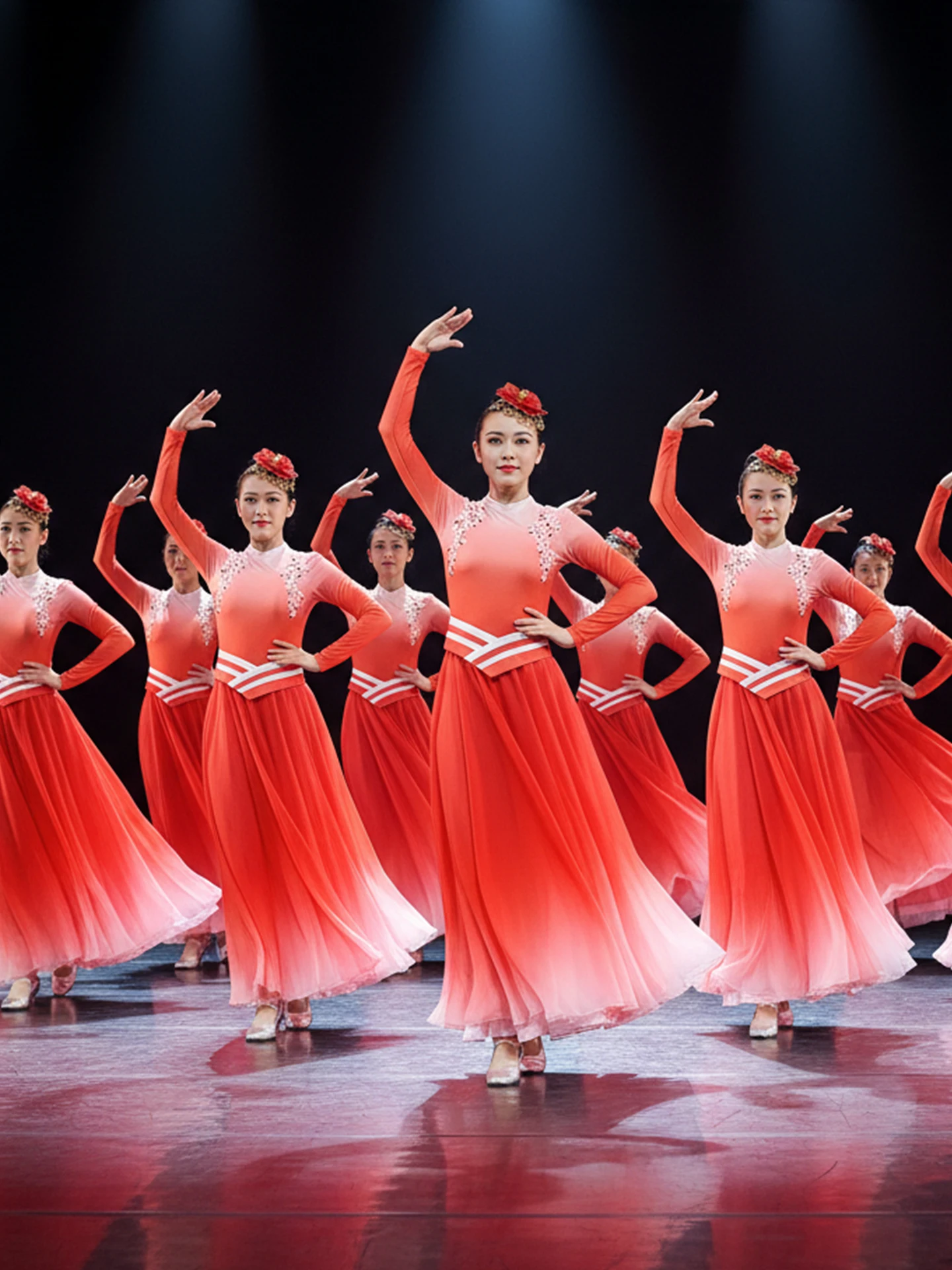 

Red Festive Skirted Performance Costume Year Song Dance Opening Dance Sparkling Polyester Ethnic Stage Outfit for Women