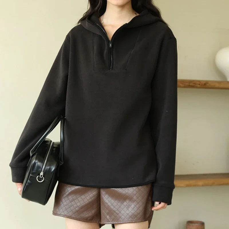 Women's Thickened Long Sleeve Half-Zip Hoodie Casual Autumn Winter Sports Pullover Solid Loose Fashion Hooded Sweatshirt