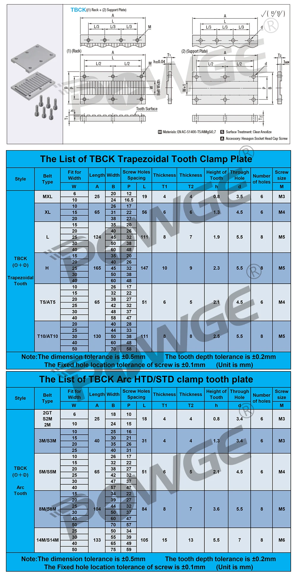 POWGE AL Combination TBCK Clamp Tooth plate 2GT 2M 3M 5M 8M 14M S2M S3M S5M S8M S14M for open belt Fixed connection Fixed clip