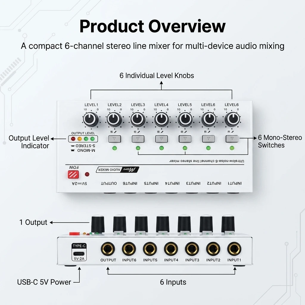 Portable Ultra Low Noise Line Sound Mixer 4/6/8 Channel Mini Audio Mixer AC 5V Power Supply Easy Use Audio Mixer