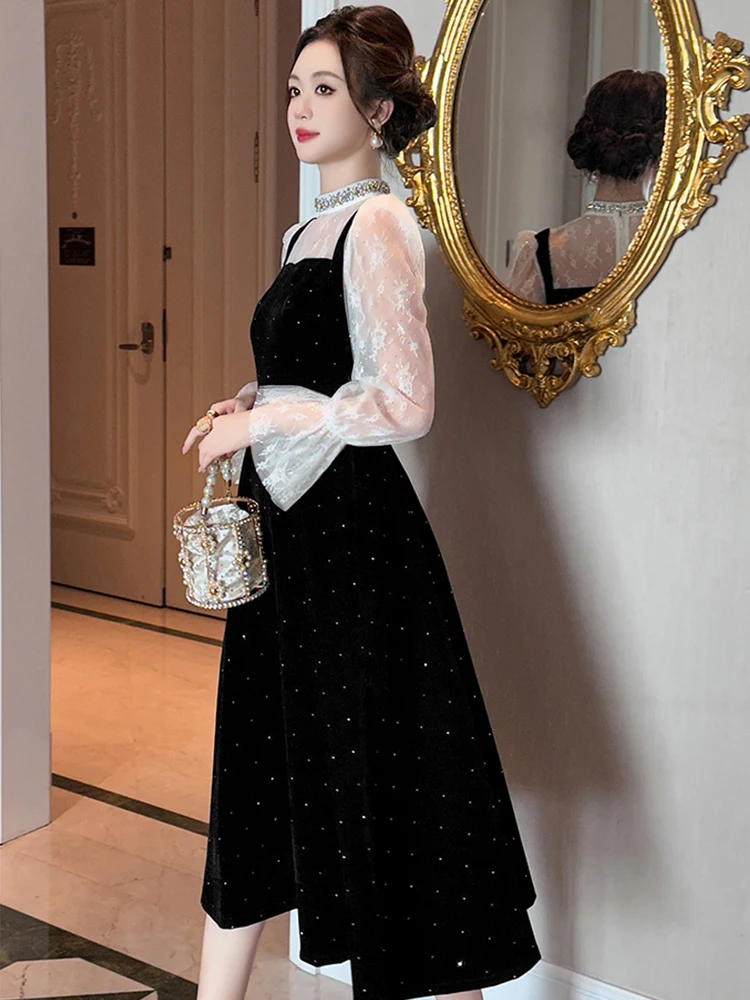 여성 의류 페이크 투피스 블랙 샤이니 레이스 퍼프 슬리브 슬림 이브닝 드레스 우아한 럭셔리 여성 패션 파티 프롬 드레스