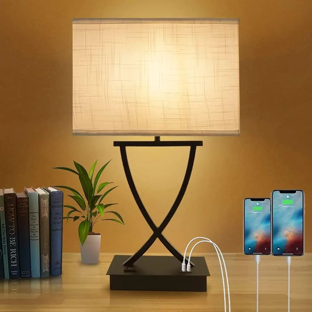 3-Way Dimmable Touch Control Table Lamp with USB-C & AC Outlet, 21.38" White Shade, Bedside Nightstand Lamp for Bedroom, Living Room, Office, Bulb Included