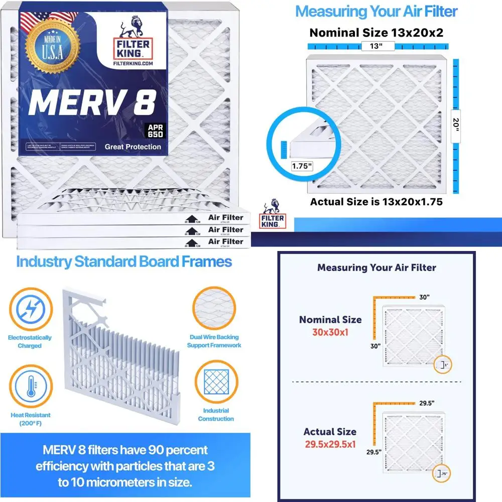 6 عبوات من فلاتر الهواء المطوية MERV 8 مقاس 13 × 20 × 1.75 لأنظمة فرن HVAC A/C - صنع في الولايات المتحدة الأمريكية - ترشيح هواء عالي الكفاءة