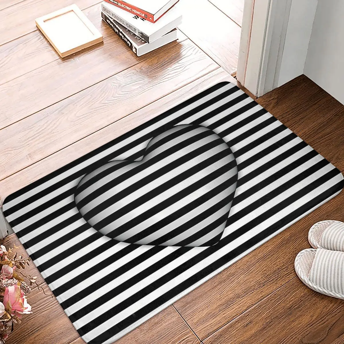 Day Optical Illusion Stripes Op Art Heart Anti-Slip Rug Doormat Kitchen Mat Hallway Carpet Indoor Decorative