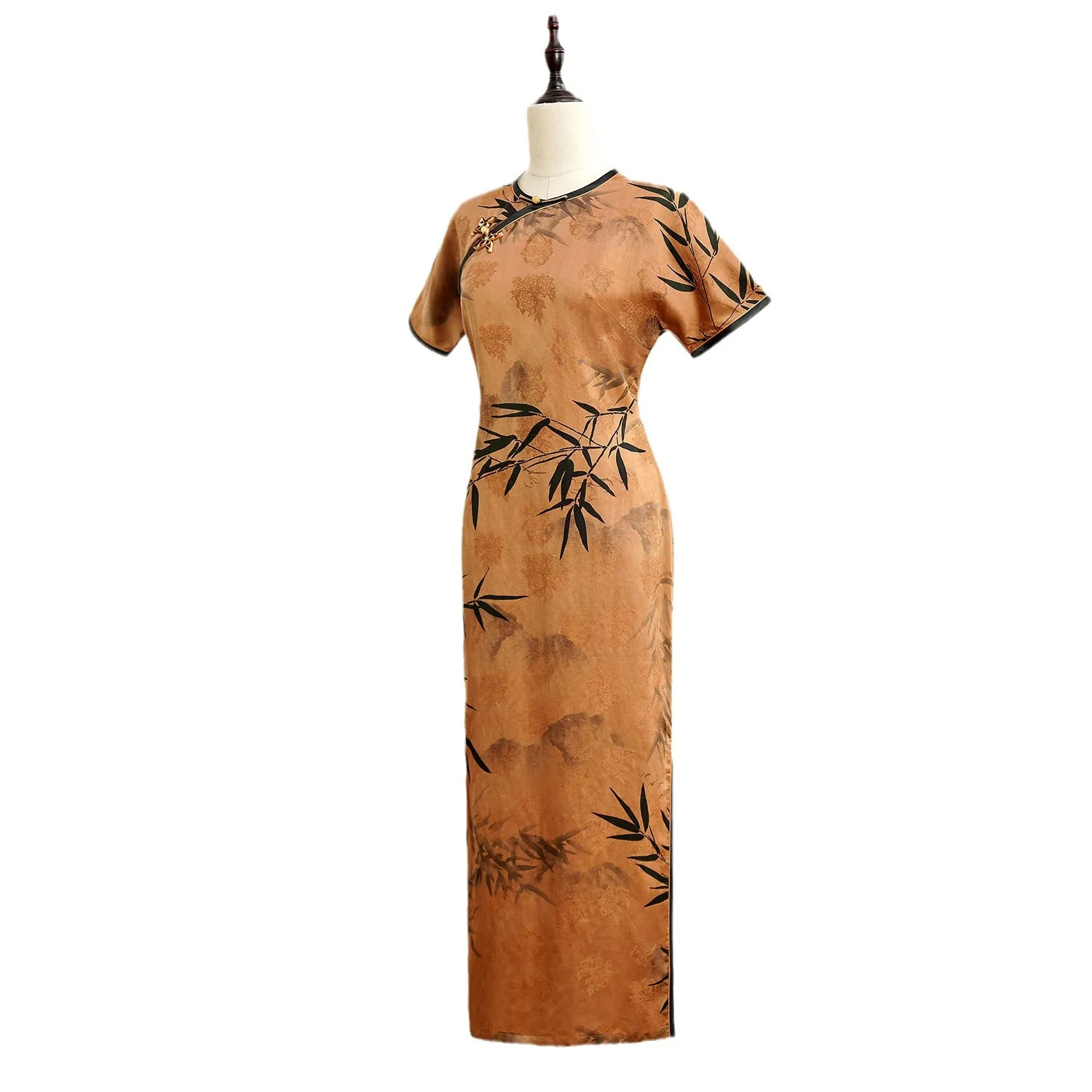 New Xiangyun Yarn Heavy High Quality Real Silk Vintage Cheongsam Qipao Women's Clothing Dress Collarless Ink Bamboo Daily