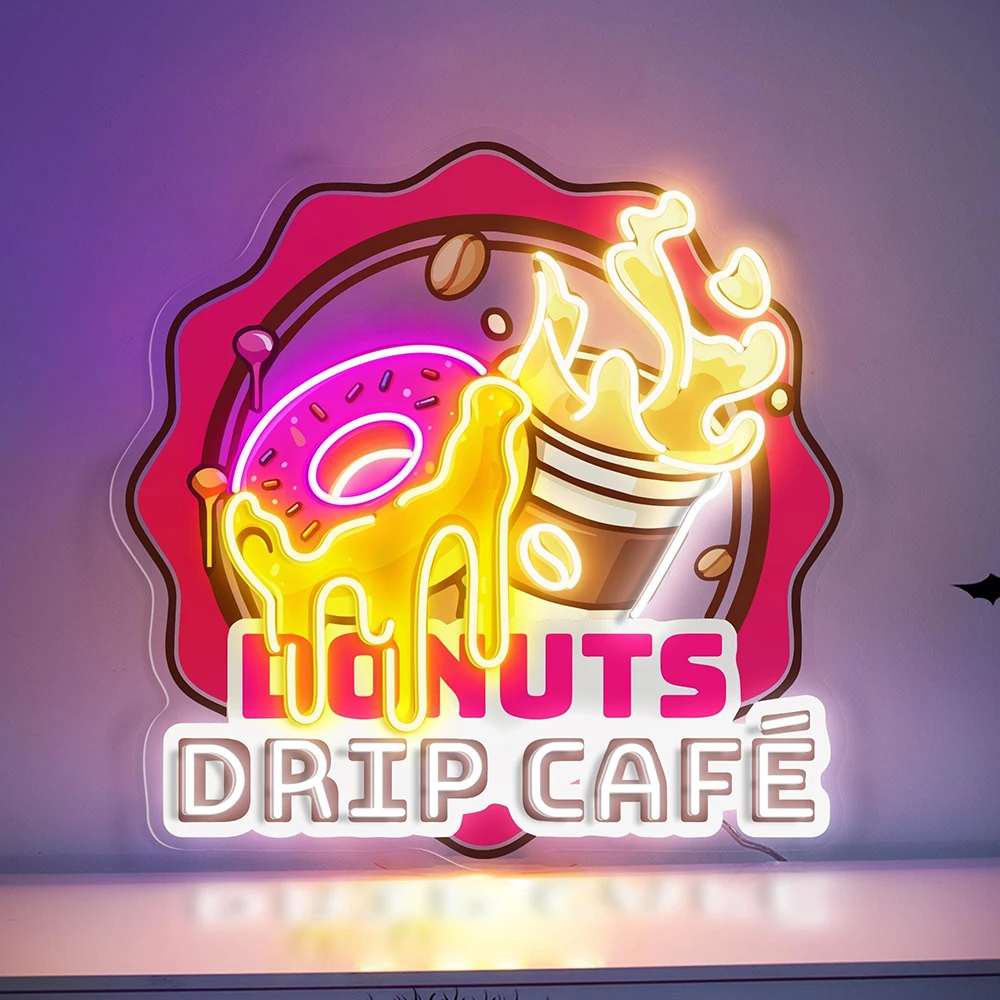 Donut Drip Cafe LED Neon Sign Bakery Wall Decor Coffee Shop Neon Light Fast Food Decoration Dessert Shop LED Wall Art Light Sign