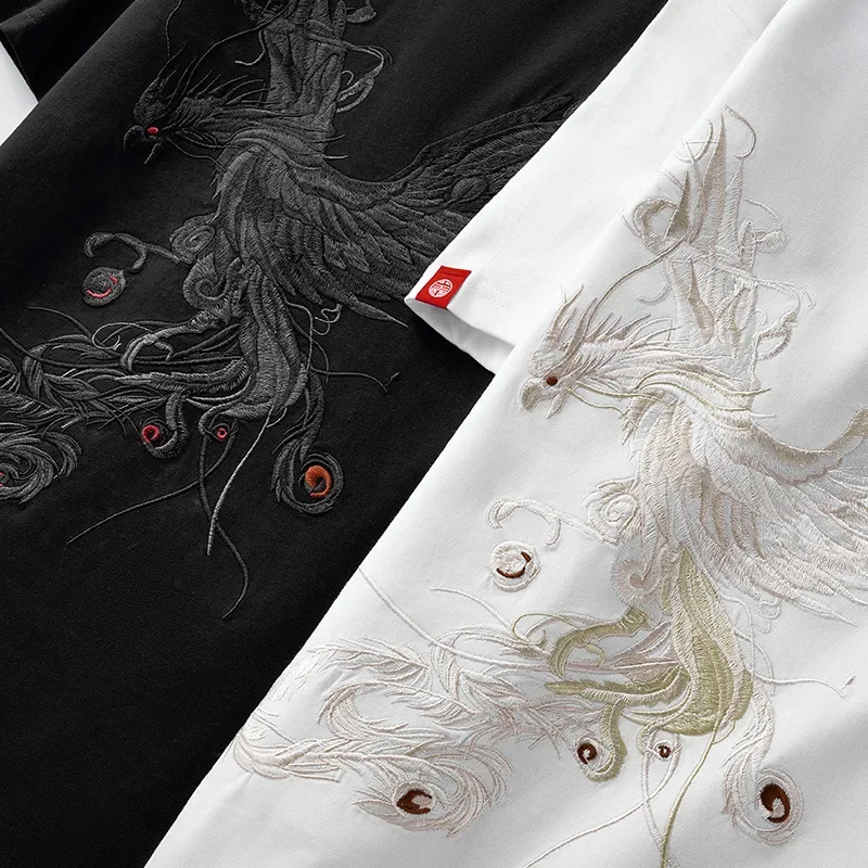 2023 Summer New Pure Cotton Loose Short Sleeve T-shirt Men\'s National Trend Chinese Style Phoenix Embroidery T Shirt Men M-5XL