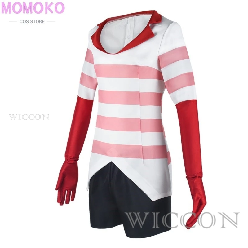 Angel Dust Cosplay Fantasy Anime Cartoon Hotel Disguise Costume Gloves Bow Tie Pink Dress Outfit Women Halloween Roleplay Cloth