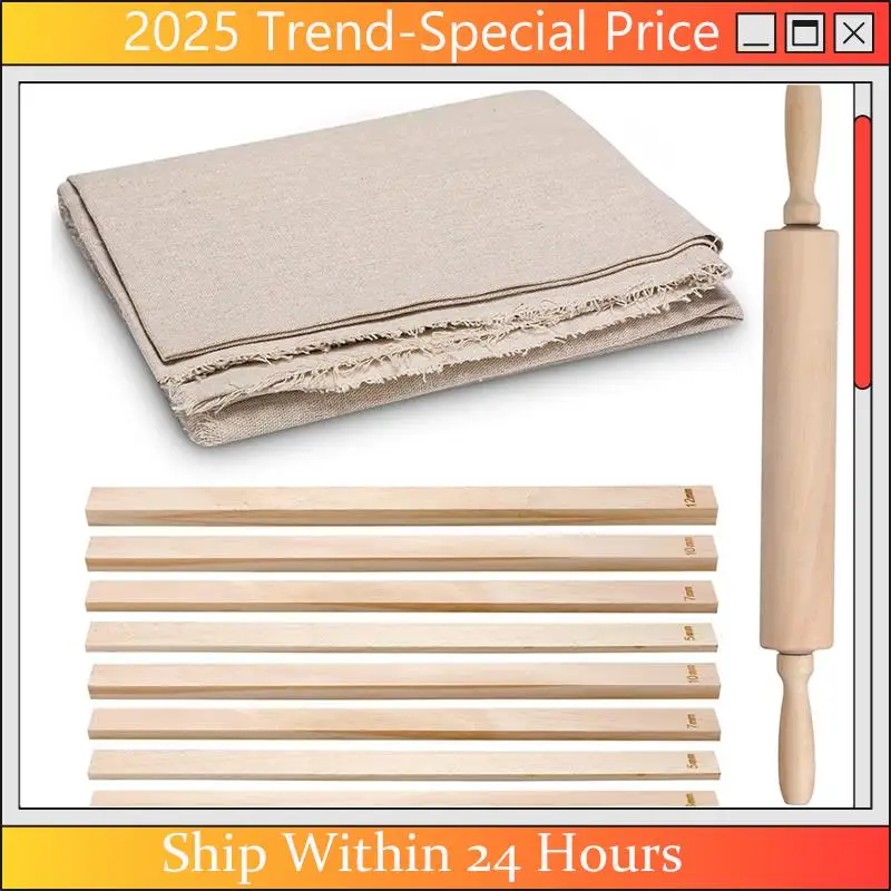 

Набор для гончарного дела из 12 предметов: деревянная скалка, 1 доска для раскатки глины, льняная скатерть и 10 скалок разного размера.