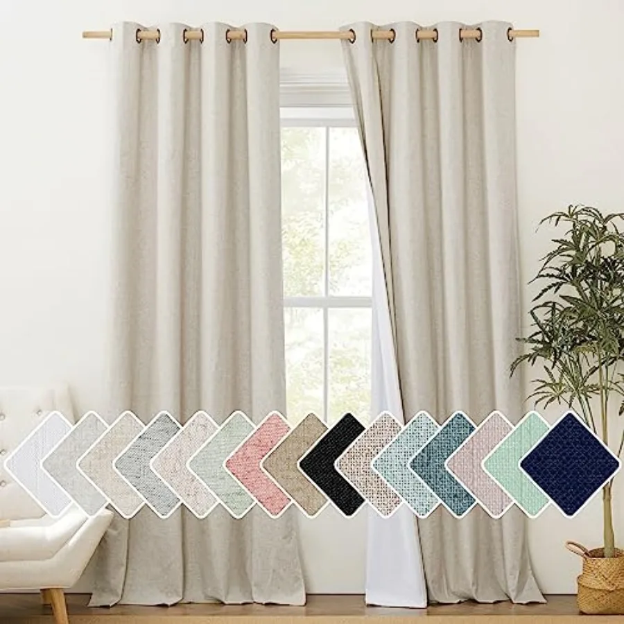 

Farmhouse Style Keep Warm Large Window Draperies 108 Inch Length with Thermal Insulated Liners 2 Panels 52" W Full out Linen Cu