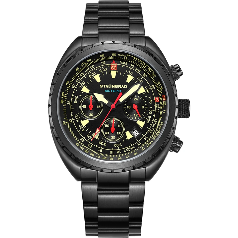 Imagem -06 - Relógio Cronógrafo Piloto Masculino Militar Cronógrafo Quartzo Relógios de Pulso Vintage 44 mm Força Aérea 100m Impermeável Relógio Luminoso Stalingrado