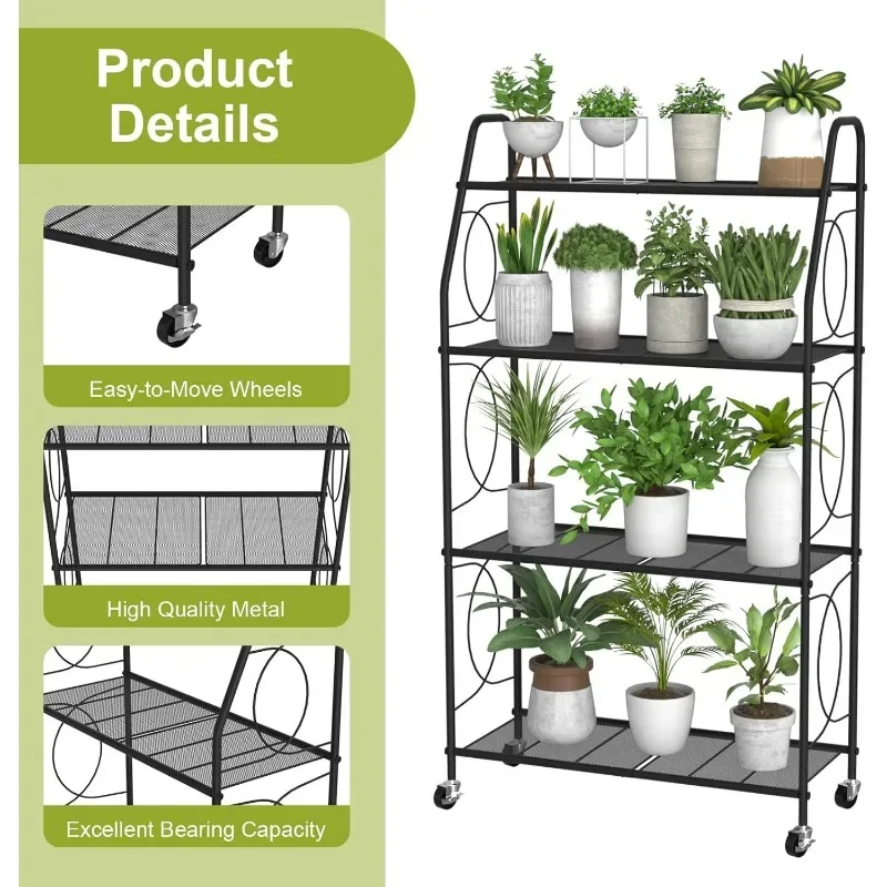 Plant Stand with Wheels, Plant Shelf for Indoor Outdoor, Heavy Duty Metal Tall Plant Stands Holder Rack