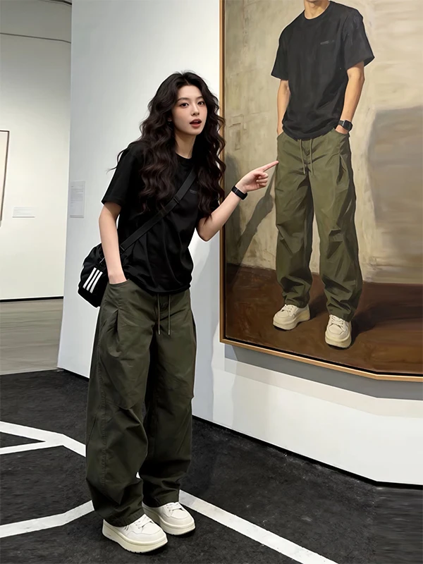 Military Green American Deconstructed Work Pants Men's Spring Vintage Knife Casual Loose Straight Leg Wide Leg Outdoor