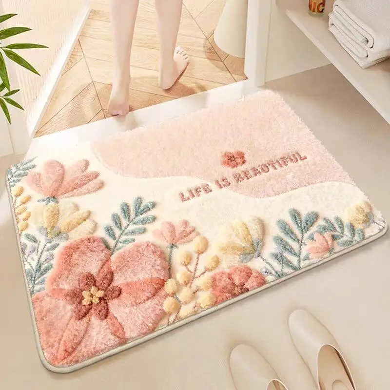 Bathroom floor mat absorbent toilet door foot cushion thickened imitation cashmere flower carpet