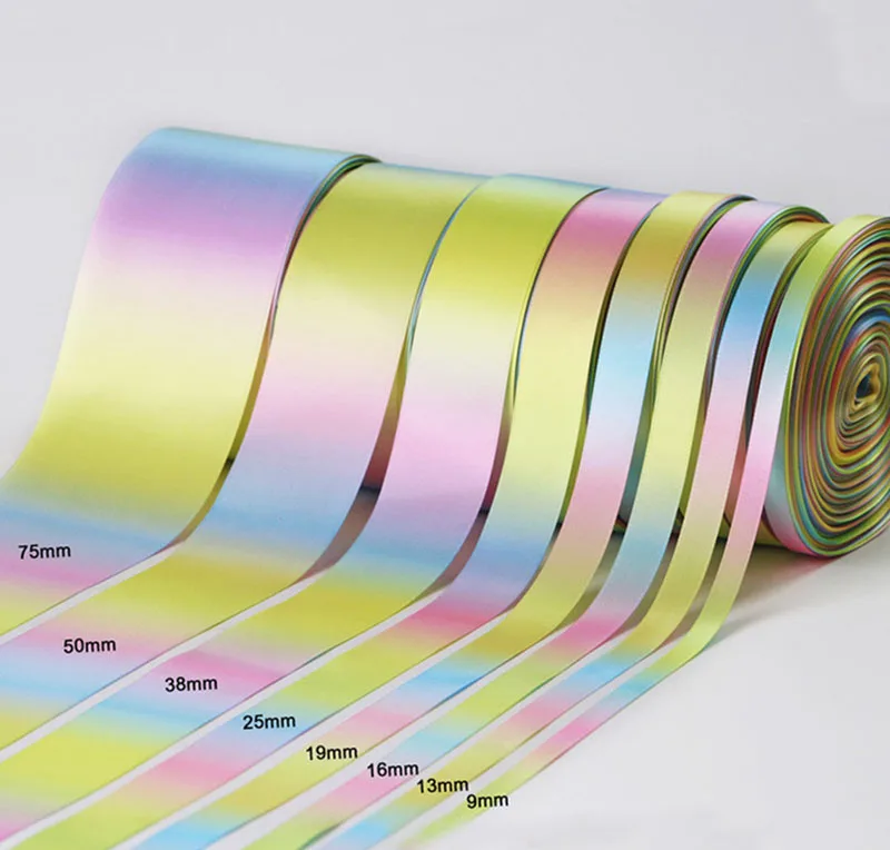 Light Rainbow Ribbons Satin double / Single side print Size 0.9/7.5cm 50/100Yard Each roll Spring Summer Happy fresh DIY Crafts