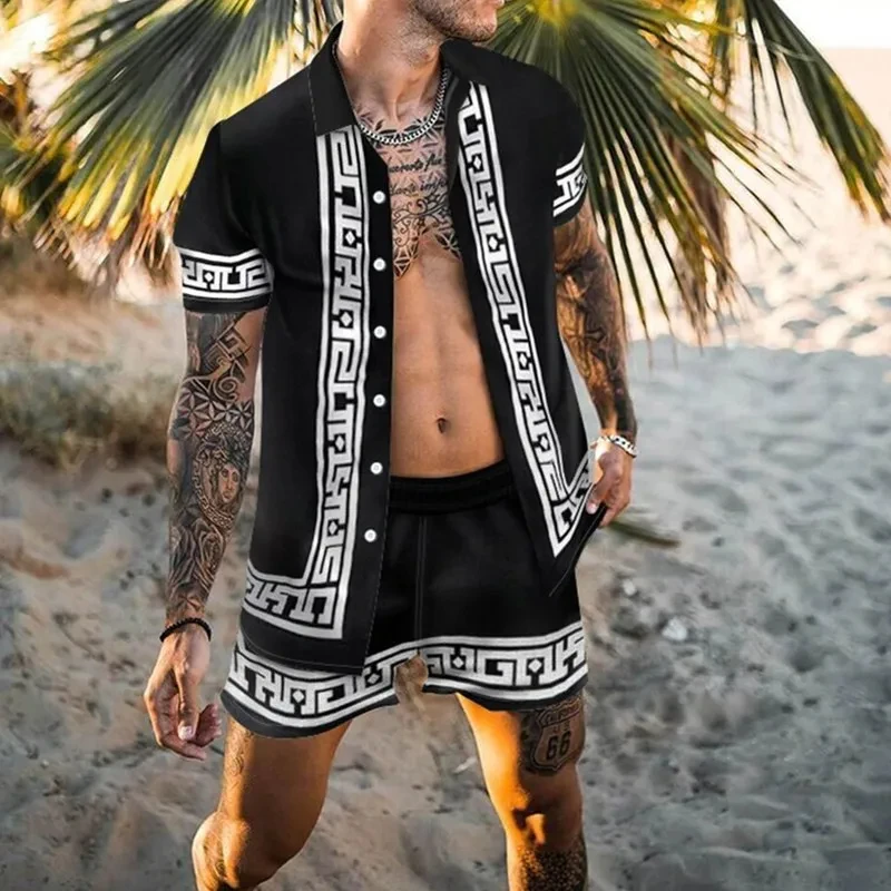 2024 Vintage Men Shirts Sets Summer Golden Horse Print Beach Short Sleeve Shirt Shorts Casual  Trip Mens Hawaiian 2 Piece Suit