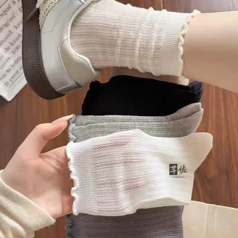 Girls Lace Korean Style INS Summer Thin Mesh Hollow Breathable Pure Color Versatile Mid-Calf Bubble Socks Knitted Moisture Wi...