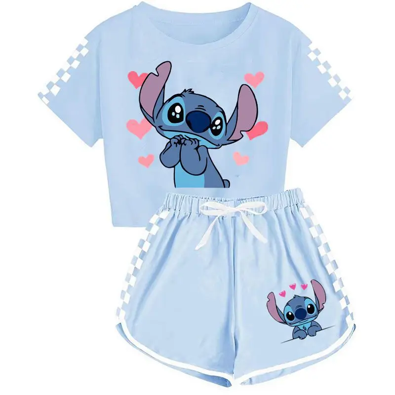 Stitch T-shirt Zestaw szortów Disney Kids Anime Kawaii Ubrania Dzieci Letnia piżama Dziewczynka Chłopiec Sportowe koszulki Spodnie Krótki rękaw