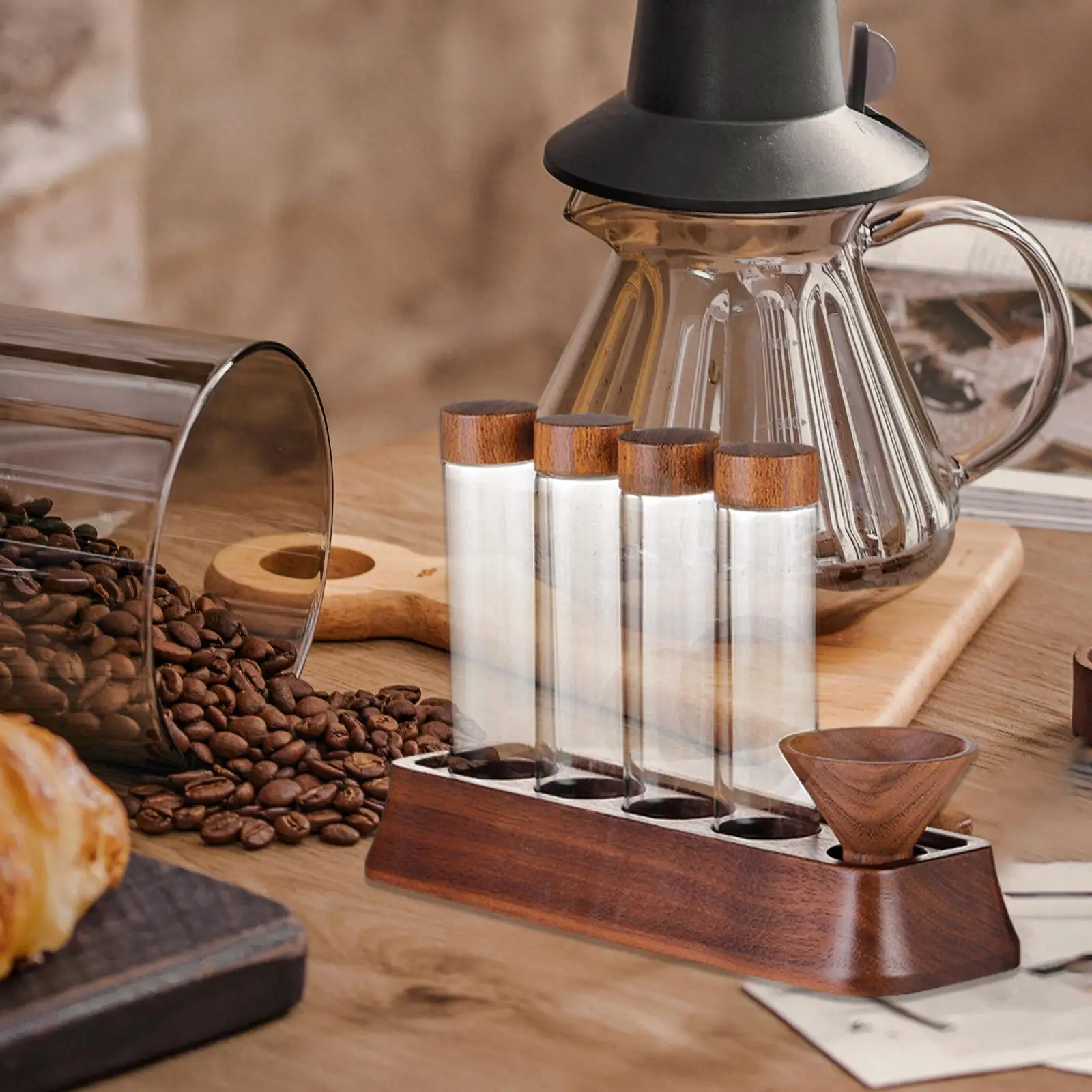 Glass Test Tubes Wooden Display Stand Tea Sugar Canister Refillable Coffee Bean Dispenser for Retail Pantry Cafe Kitchen Bar