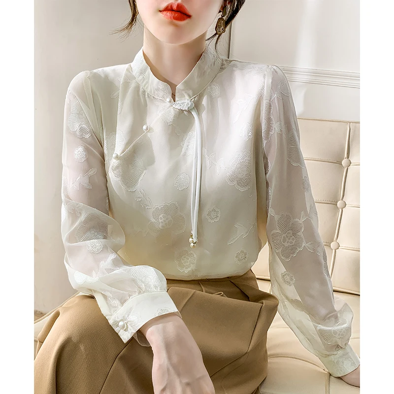 New 2024 Spring Women Shirts & Blouses Stand Collar Chinese Style Long Sleeve Chiffon Blouses Women Jacquard Elegant Top Mujer