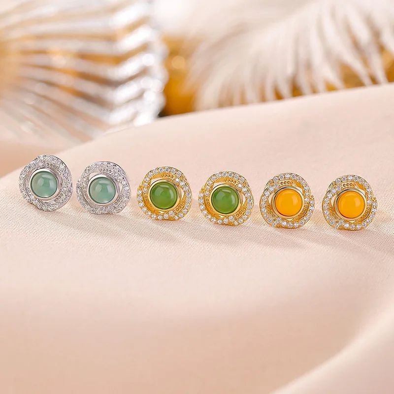 

925 Sterling Gold Plated Amber Hetian Jade Jasperöbius Ring Round Silver Earrings