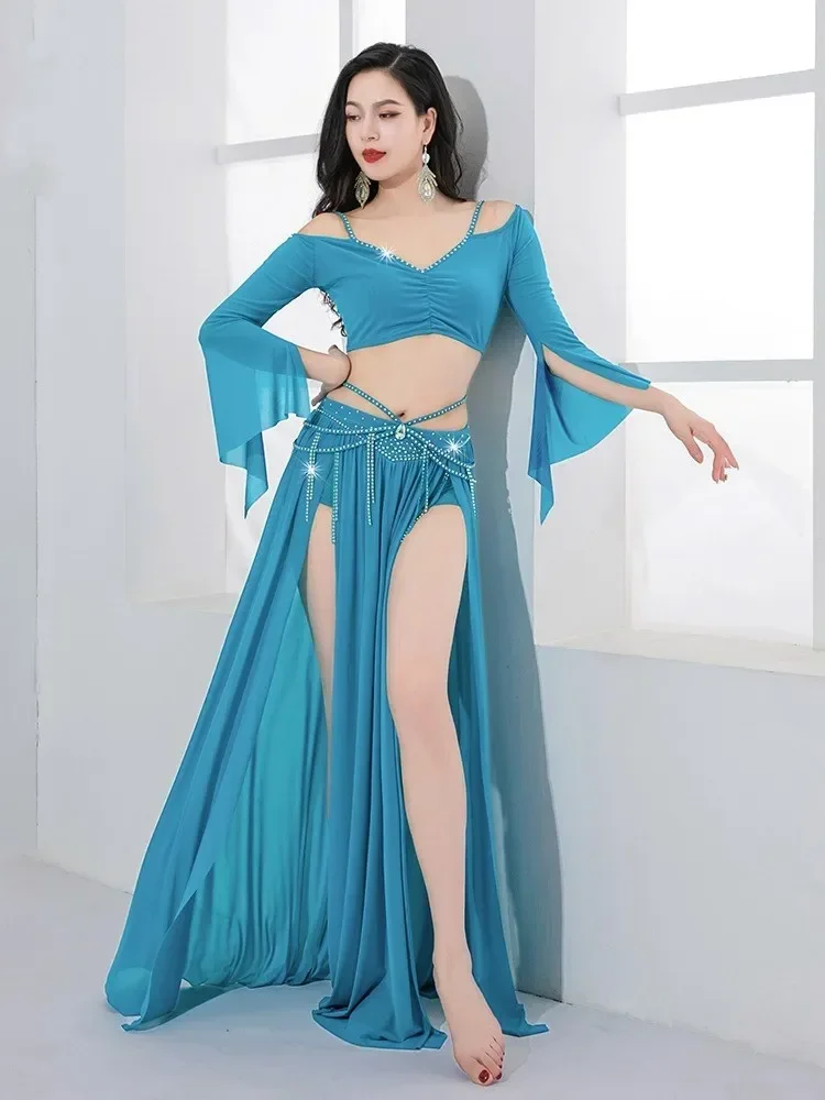 Licht luxe oosterse danskostuum 2-delige franje kwastje rok sexy zijsplit danser wedstrijdkleding lange mouw elegant
