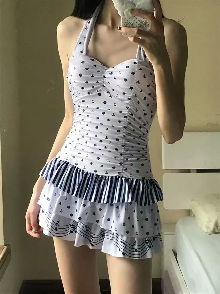 Korean Vintage Classic Cake Skirt Style Women's Swimming Costume Suitable for Different Chest Sizes Slimming One-Piece Swimsuit