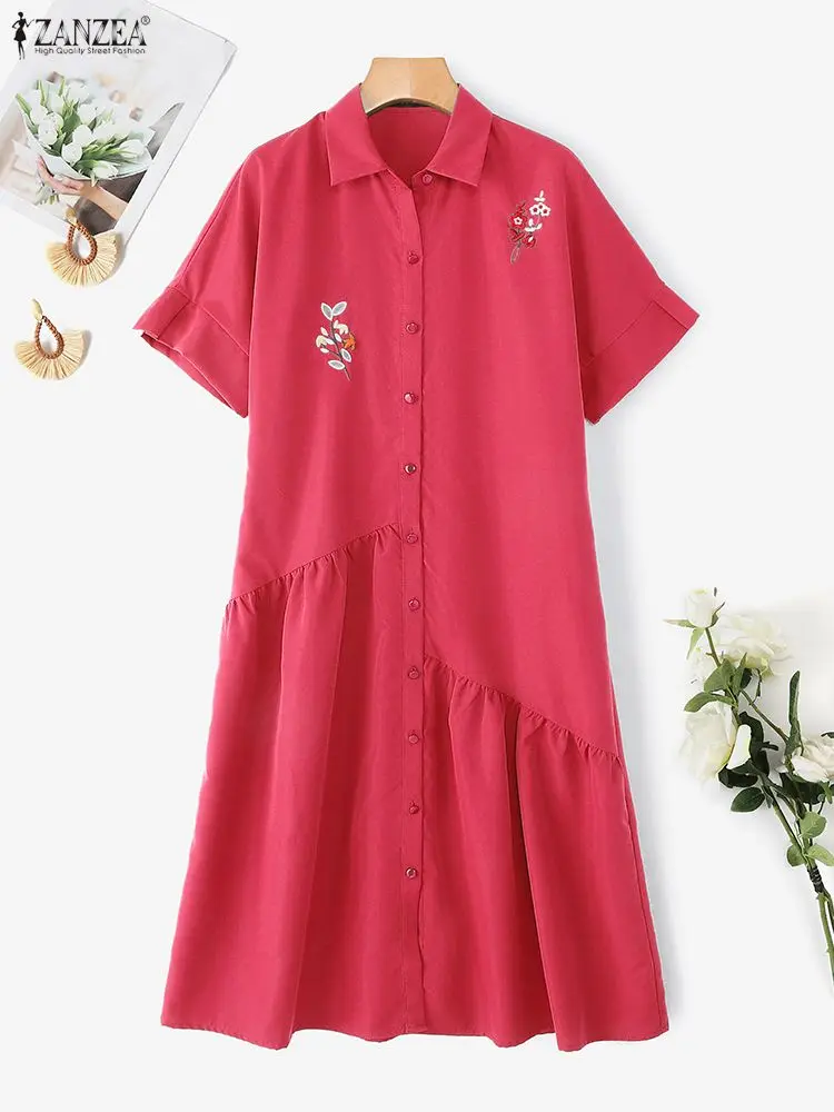 Damska sukienka koszulowa midi z haftowanymi kwiatami, kołnierzykiem i krótkim rękawem zapinana na guziki, ZANZEA, codzienna odzież na co dzień, rozmiar 3XL