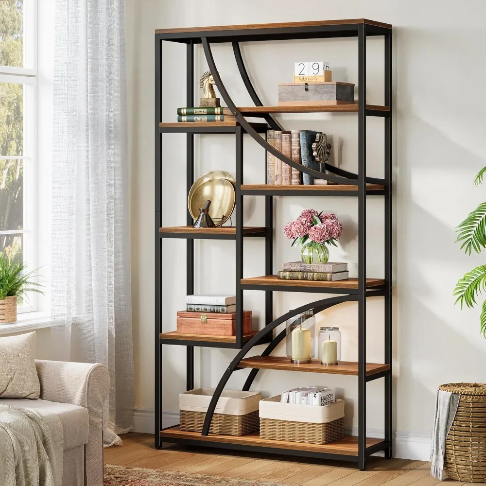 

Large 9-Tier Industrial Style Bookshelf, 70.87 Tall Geometric Wood and Metal Etagere with Open Shelves