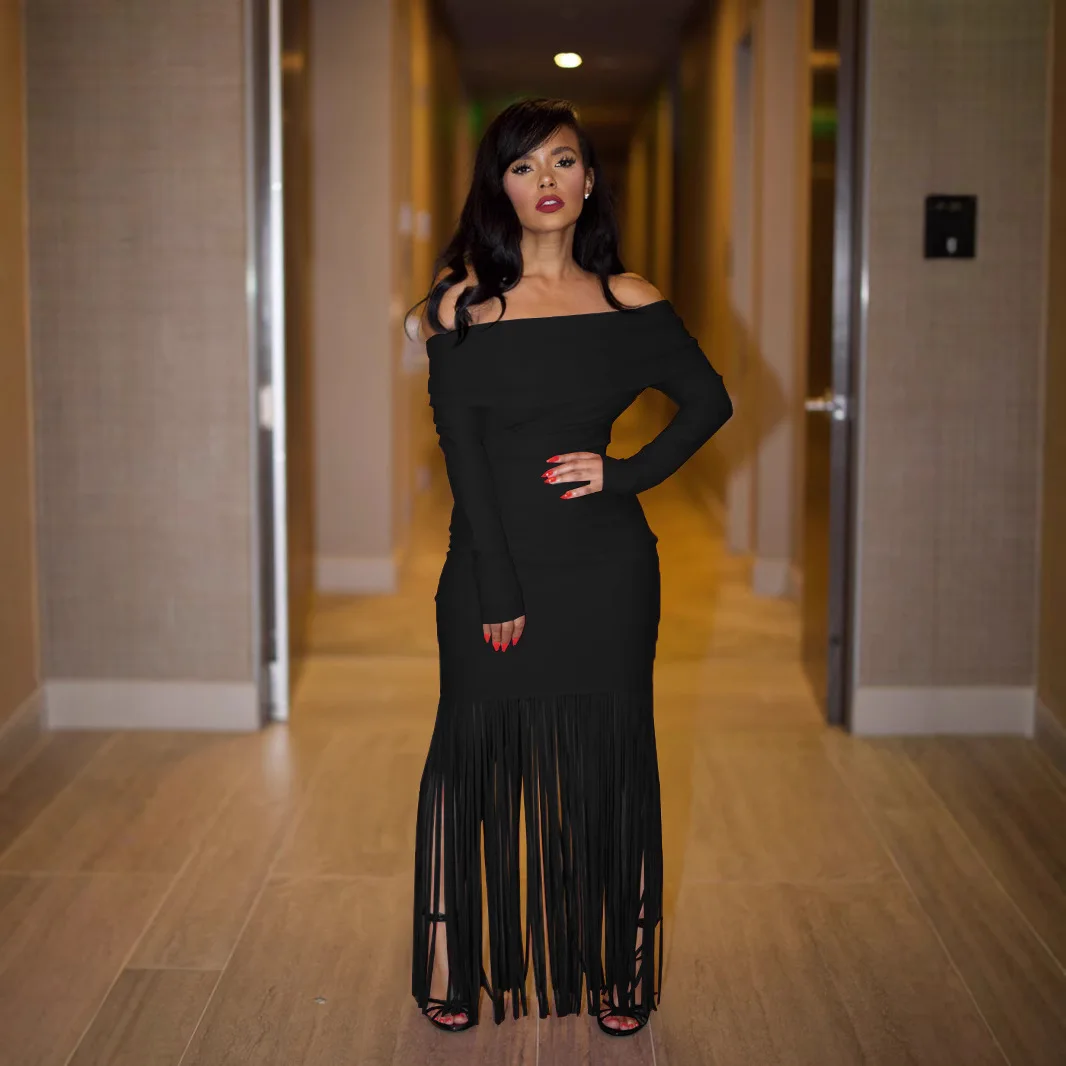 فساتين نسائية أوروبية أمريكية جديدة أنيقة وعصرية ورقبة مائلة وأكمام طويلة نحيفة بطول الكاحل وشرابات احتفالية