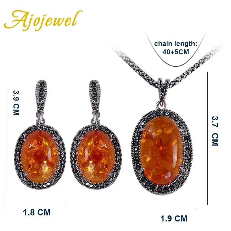 Ajojewel Black CZ Women\'s Jewelry Sets High Quality Oval Simulated-amber Orange Stone Necklace Earrings Ring Vintage Gift Items