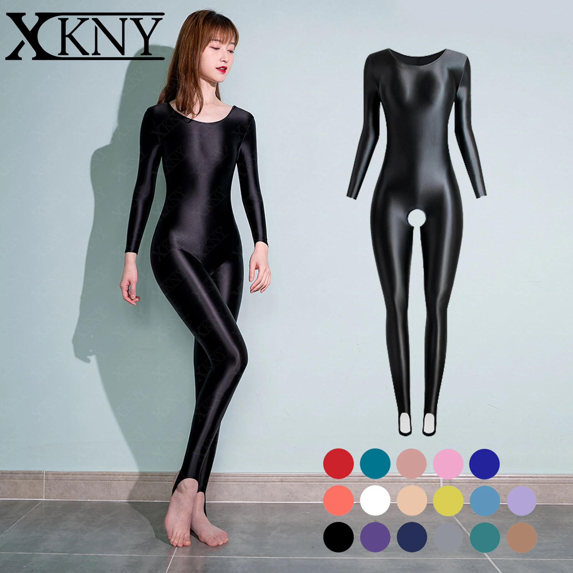 

XCKNY Glossiness Series tights smooth slip round neck one piece pants casual step mjinm on one-piece pants glossy jumpsuit