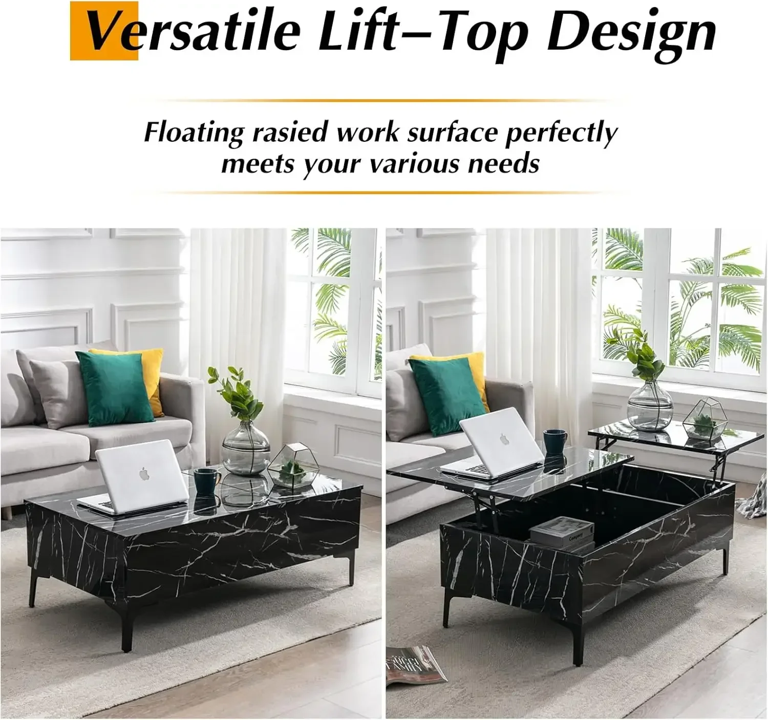 43" Lift Top Marble Coffee Table for Living Room, Modern Extendable Pull Up Center Table with Storage, Black