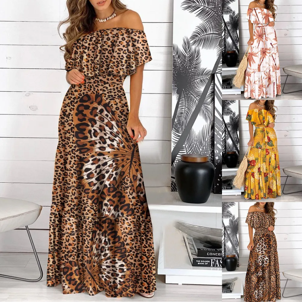 Elegante vestido largo estampado de verano para mujer, con diseño de hombros descubiertos y dobladillo con volantes. Modelo de gran éxito en nuestra tienda online. Tejido de poliéster, largo corto...