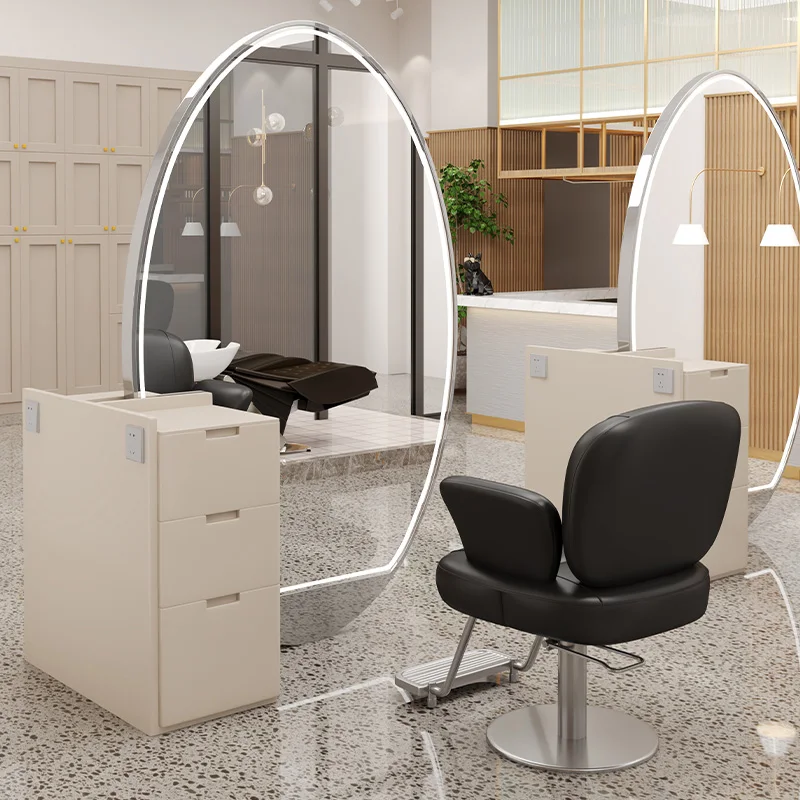 Barber Shop Mirror Table With Lamp Cabinet Integrated Floor Mirror Hair Salon Special Hairdressing Single-sided Double-sided