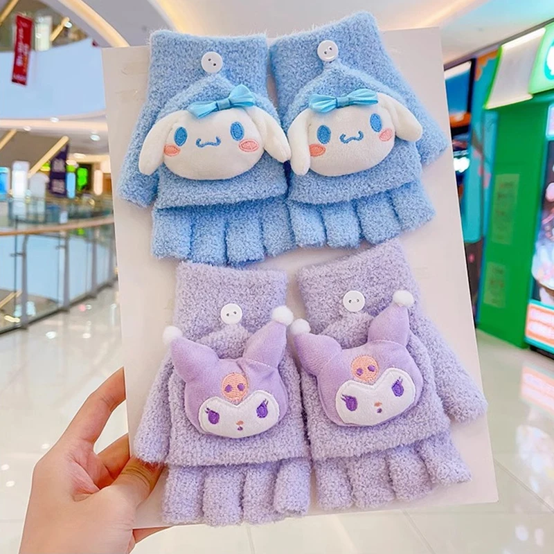 Hello Kitty Sanrio Cinnamoroll Kuromi Winter Plush Flip Gloves To Keep Warm And Cold-Proof Girls Cute Cartoon Gloves Fingerless