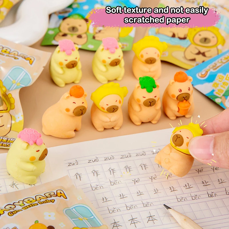 4Pcs Cartoon Cute 3D Capybara Eraser Surprise Bag Creative Capybara Pencil Eraser Student Stationery Office Supplies Gifts