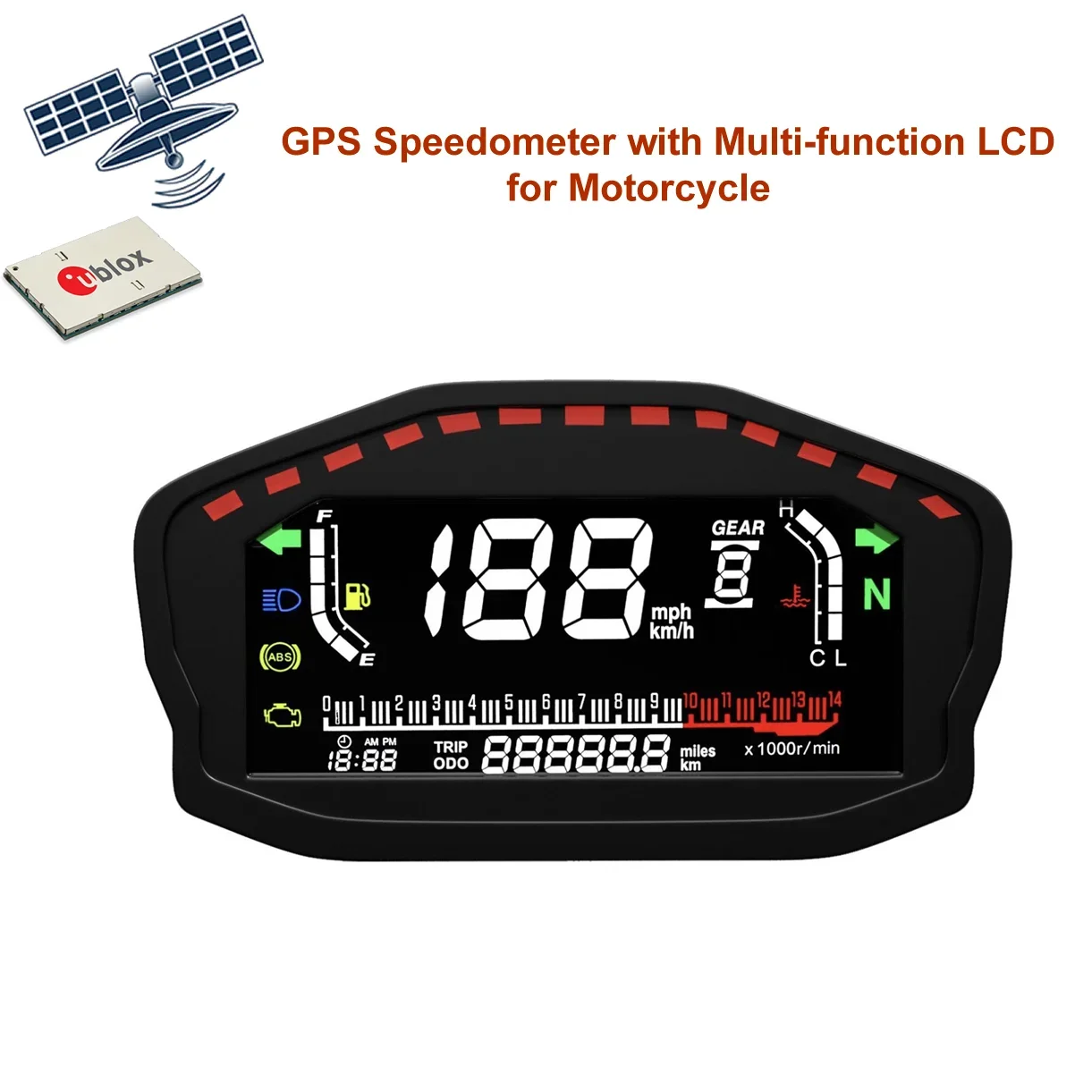 ELING Motorcycle Parts LCD Multi-Function Display GPS Speedometer Tachometer Fuel Level Water Temp Mileage 12V with Alarm