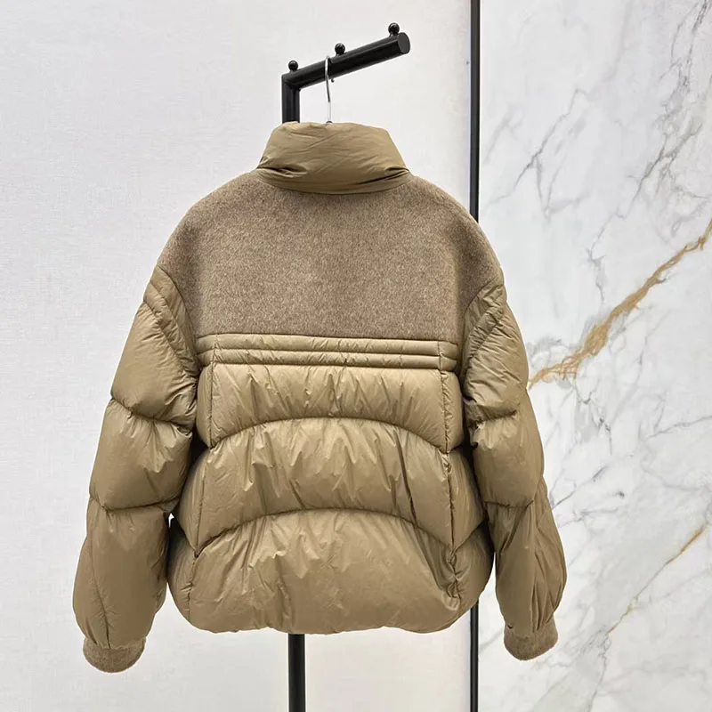 Wende-Daunenjacke aus Kaschmirmischung für Damen, locker sitzende warme Jacke, hochwertige, gefüllte Pufferjacke mit weißer Gänsedaunen