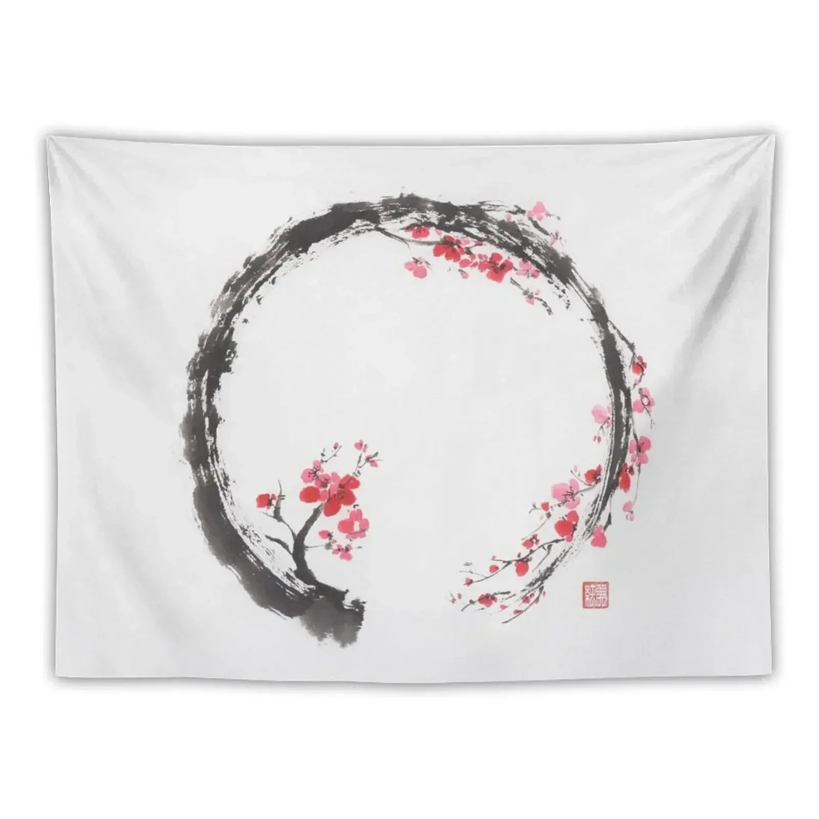 Zen sumi-e conceptual painting of Enso circle as a red cherry blossom branch art print Tapestry Home Decor Accessories Tapestry