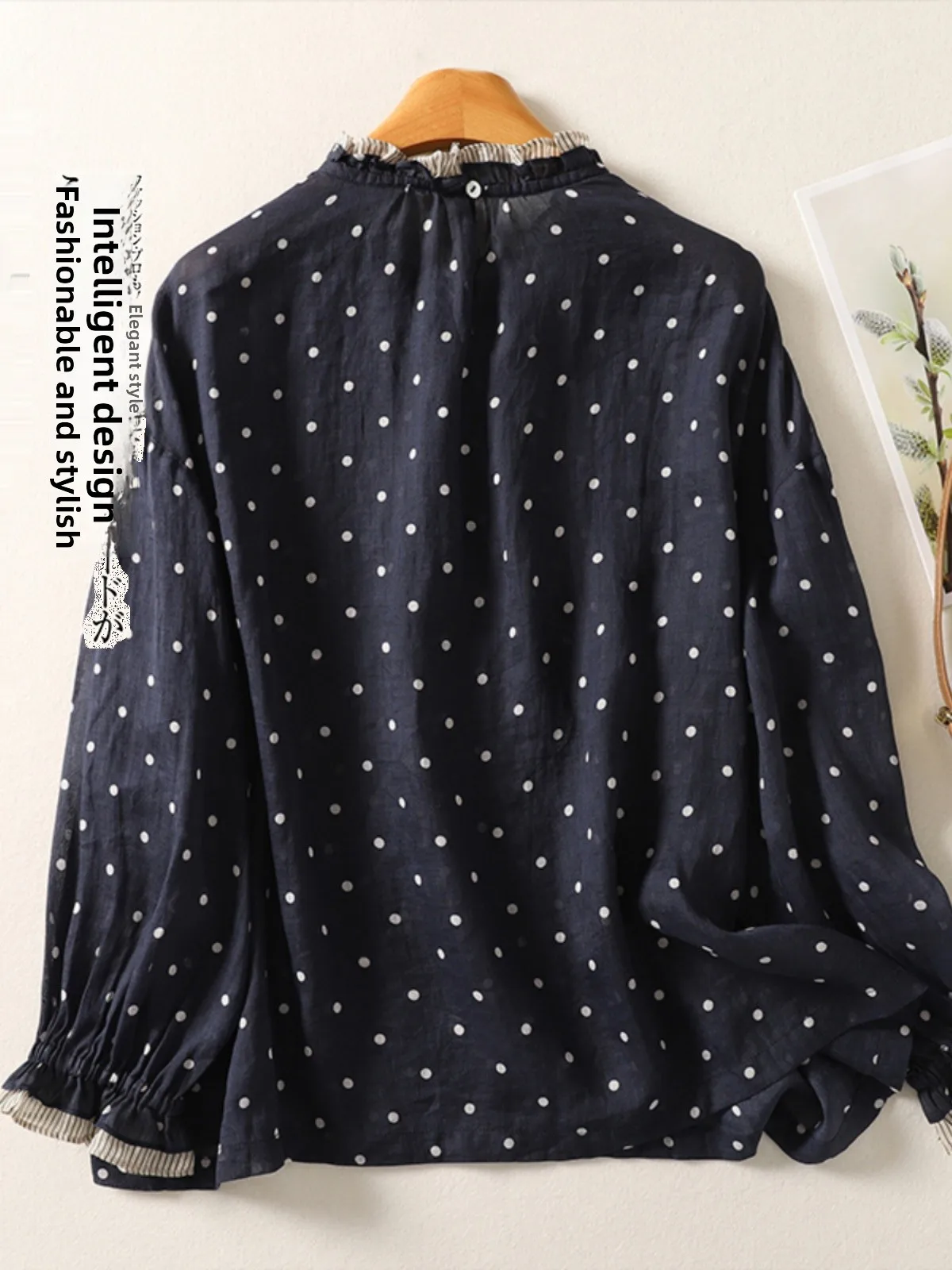 

Хлопковый женский топ в горошек с рюшами и воротником-стойкой, универсальный художественный длинный топ све, свободный крой для поездок на работу