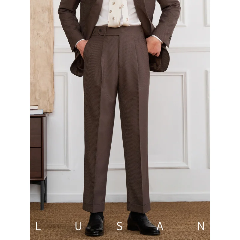 

Mr. Lusan Shen Костюм Неаполитан Брюки с узором «елочка» Пригородные широкие прямые брюки против морщин с высокой талией Модные мужские брюки