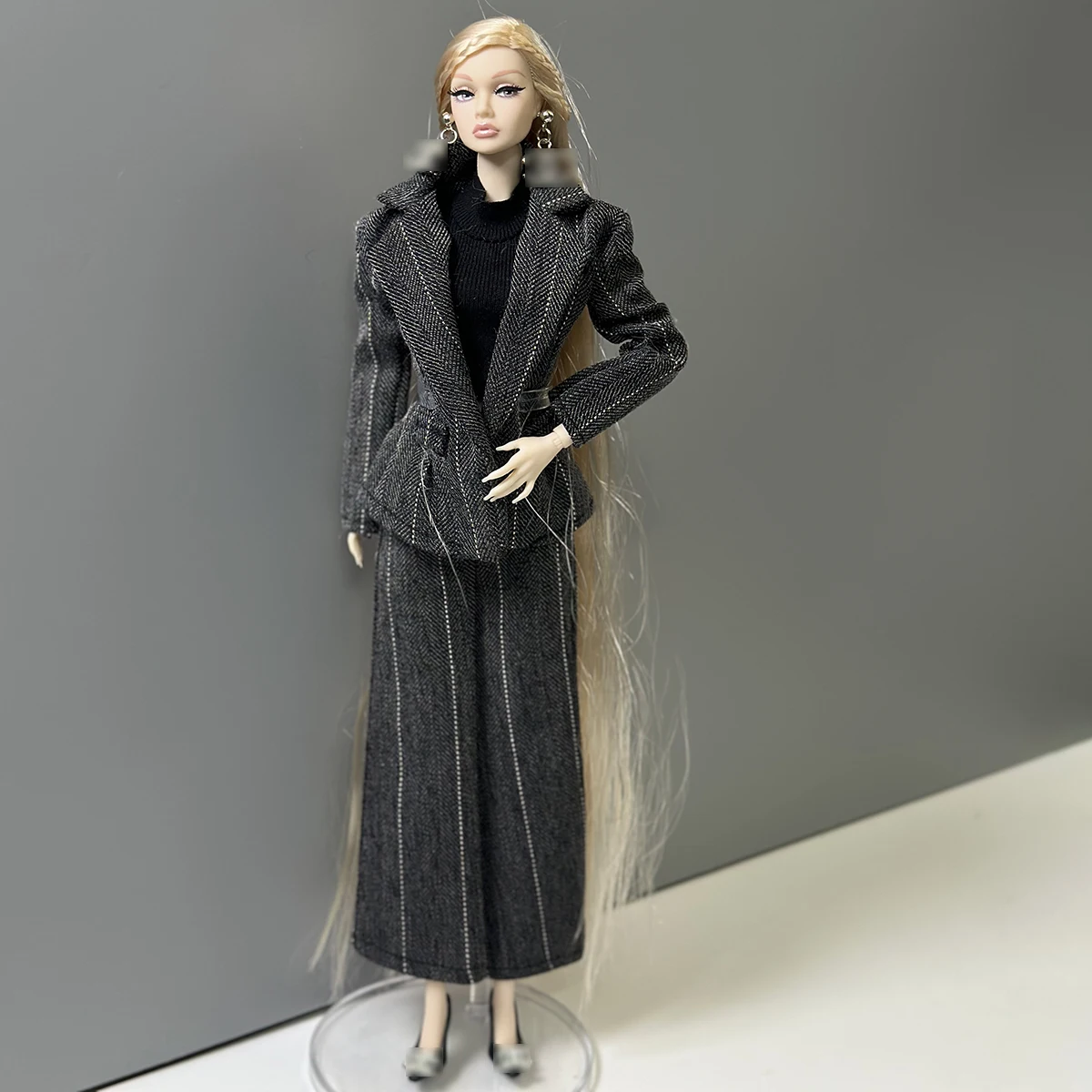 

Fashion Retro Black Grey Striped Business Women Suit+Top+Earrings+Shoes Set For 1/6 Babi Xianxian Supermodel Doll Clothes Parts