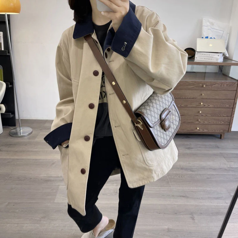 Contrast Single Breasted Small Mid Length Style Windbreaker Coat Women\'s Autumn New Casual Work Coat