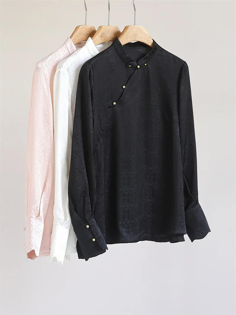 

Новая китайская шелковая рубашка-сорочка для женщин, повседневная, антивозрастная, универсальная, с наклонными пуговицами, Fanyoo S5245