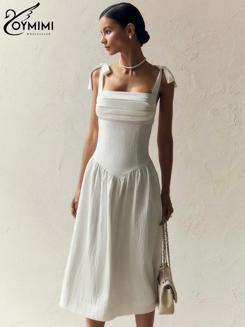 

Oymimi Elegant White Dresses 2024 Women Fashion Spaghetti Strap High Waist Dresses Casual New Loose Mid-Calf Dress Streetwear