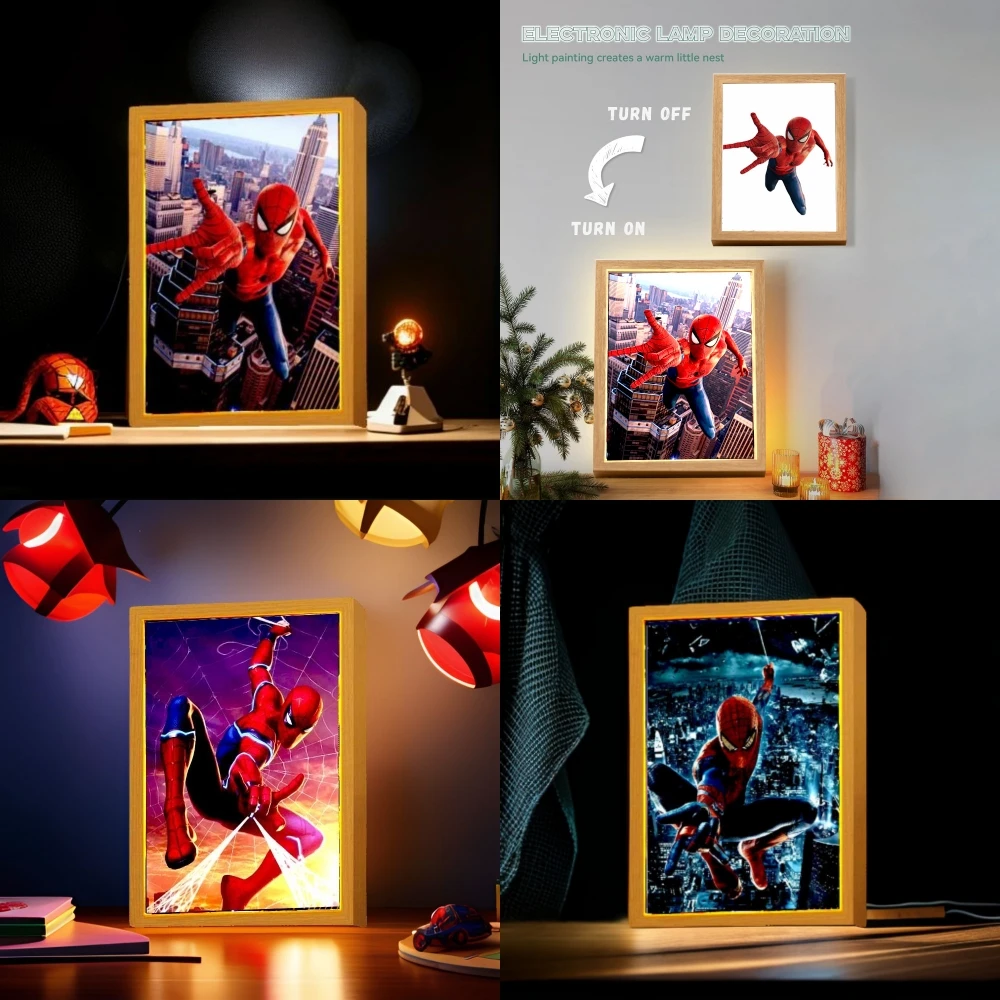 Anime Figure Light Painting Photo Frame spiderman Man Spider Zipka Led Night Light Home Bedroom Decor Christmas Gifts Moon Lamp