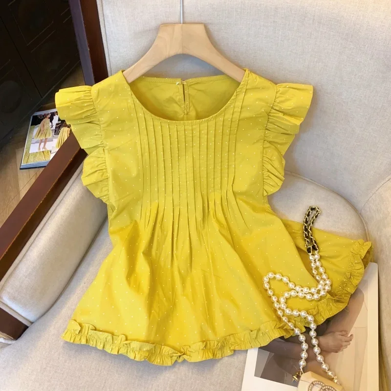 موضة منقطة قمصان المرأة الصيف جديد طباعة الأبيض تحلق كم البلوزات امرأة الحلو الكورية الأحمر تصميم غير رسمي الإناث بلايز